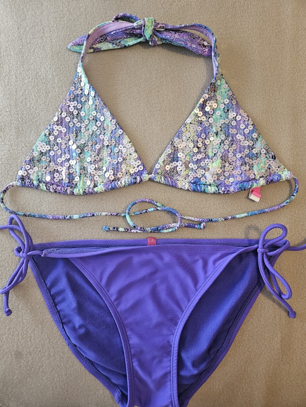 2011 VS Purple Green Halter Sequin Snake Print Triangle Bikini Top, Size L, EUC